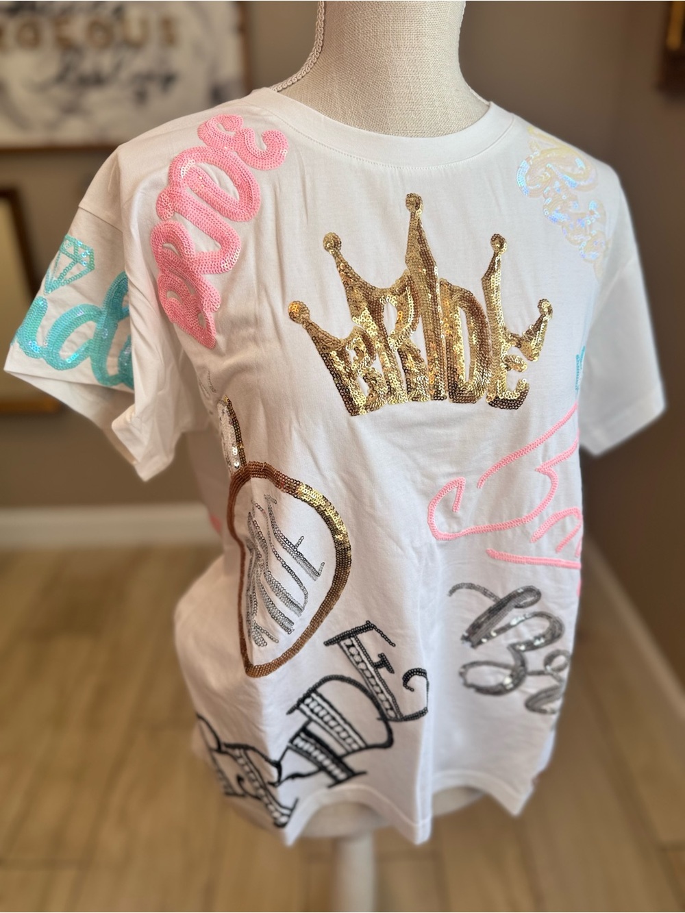 New! QUEEN OF SPARKLES White All Over Sequin Bride Crewneck Tee